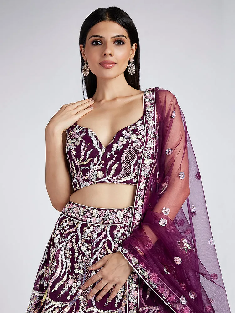 Burgundy Net Sequins embroidery Lehenga Set