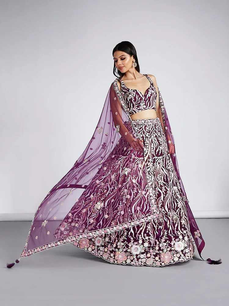 Burgundy Net Sequins embroidery Lehenga Set