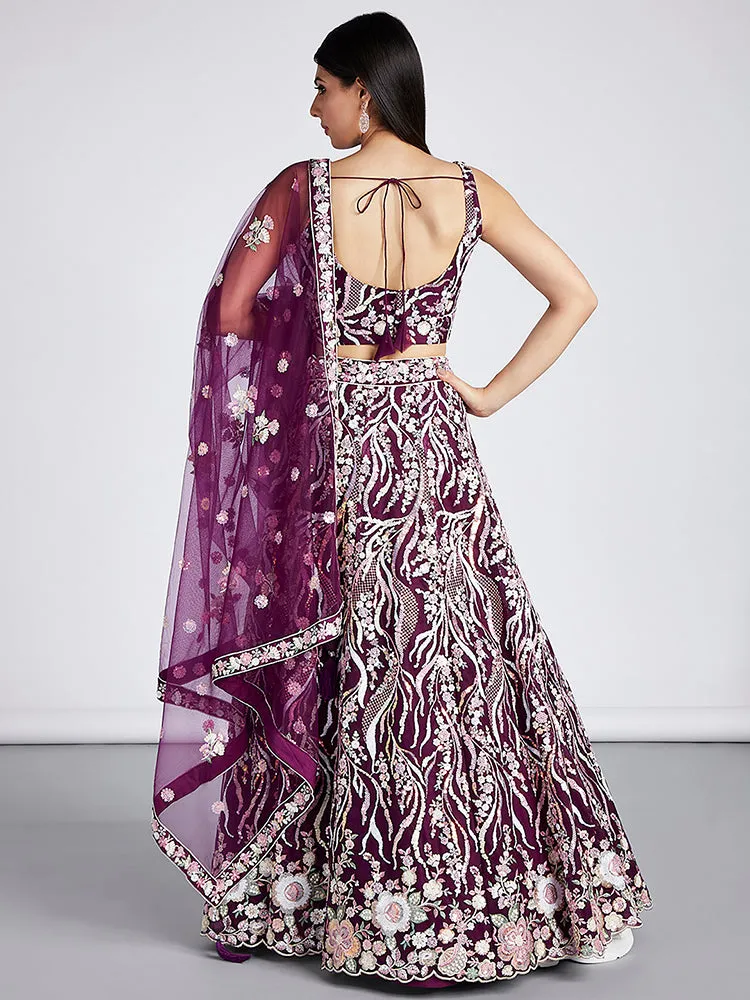 Burgundy Net Sequins embroidery Lehenga Set