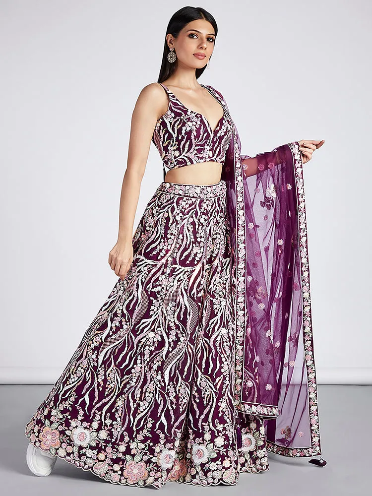 Burgundy Net Sequins embroidery Lehenga Set