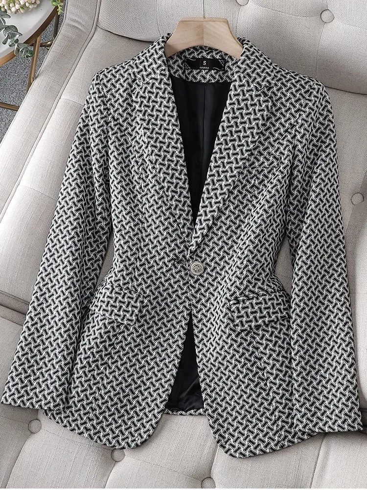 CAROLINE SUITS Women's Elegant Stylish Fashion Office Professional Woven Black Plaid Blazer Jacket