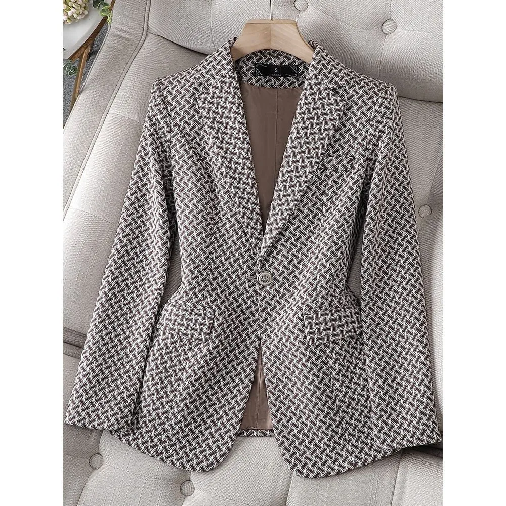 CAROLINE SUITS Women's Elegant Stylish Fashion Office Professional Woven Black Plaid Blazer Jacket