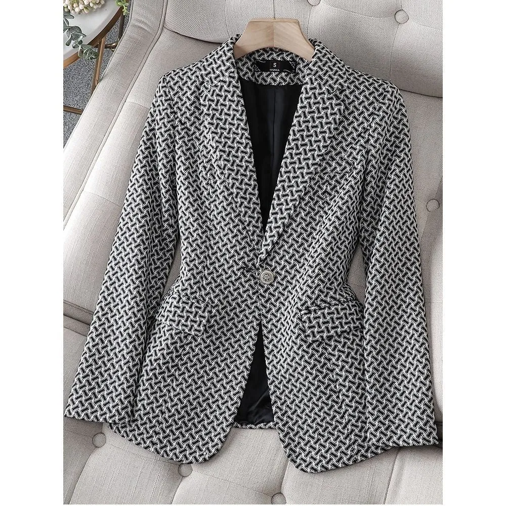 CAROLINE SUITS Women's Elegant Stylish Fashion Office Professional Woven Black Plaid Blazer Jacket