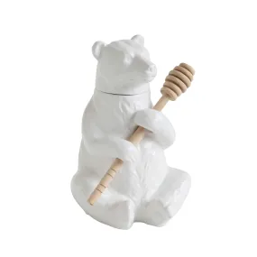 Ceramic Bear Honey Pot w/ Bamboo Honey Dipper, White