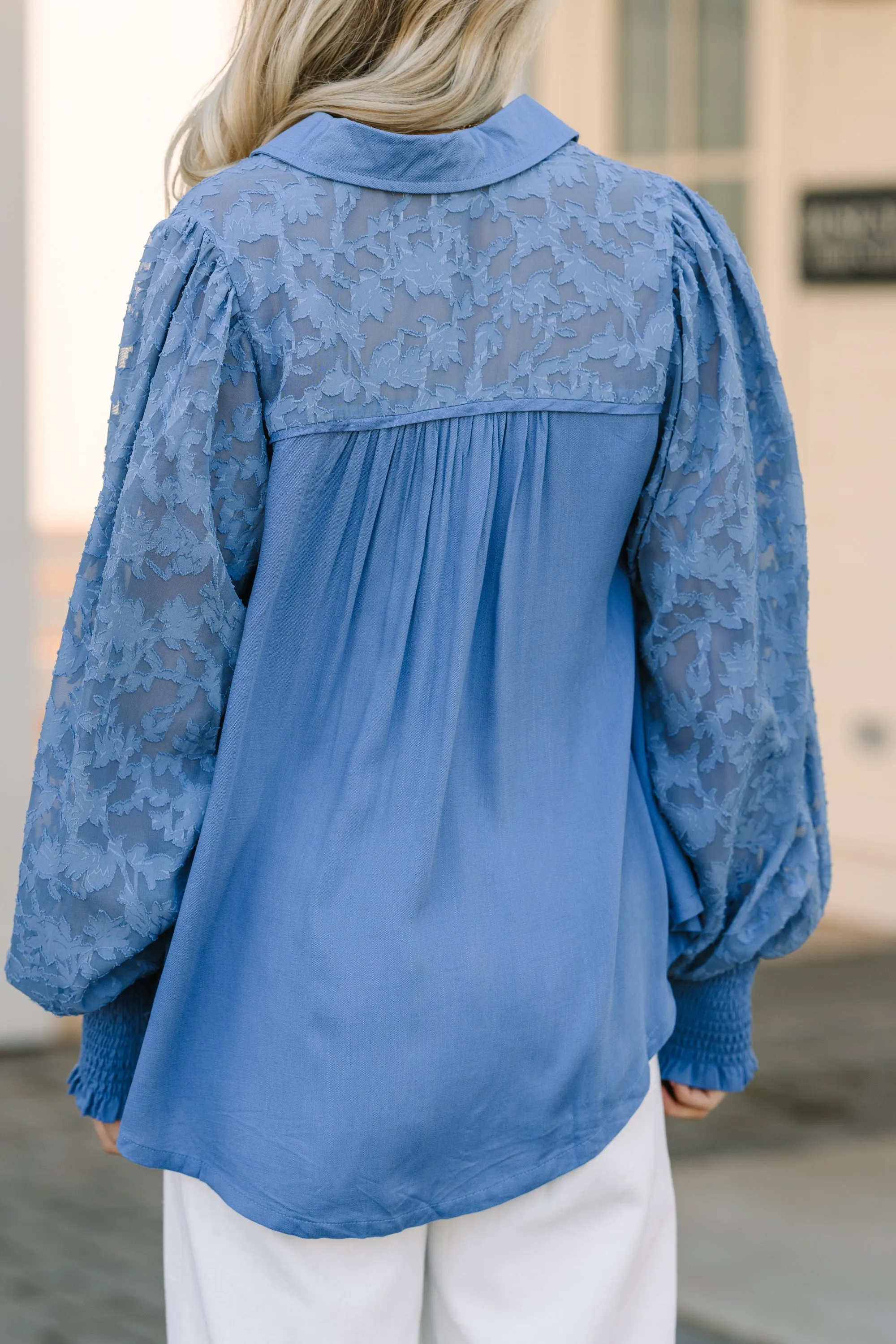 Certain Love Dusty Blue Lace Sleeve Blouse