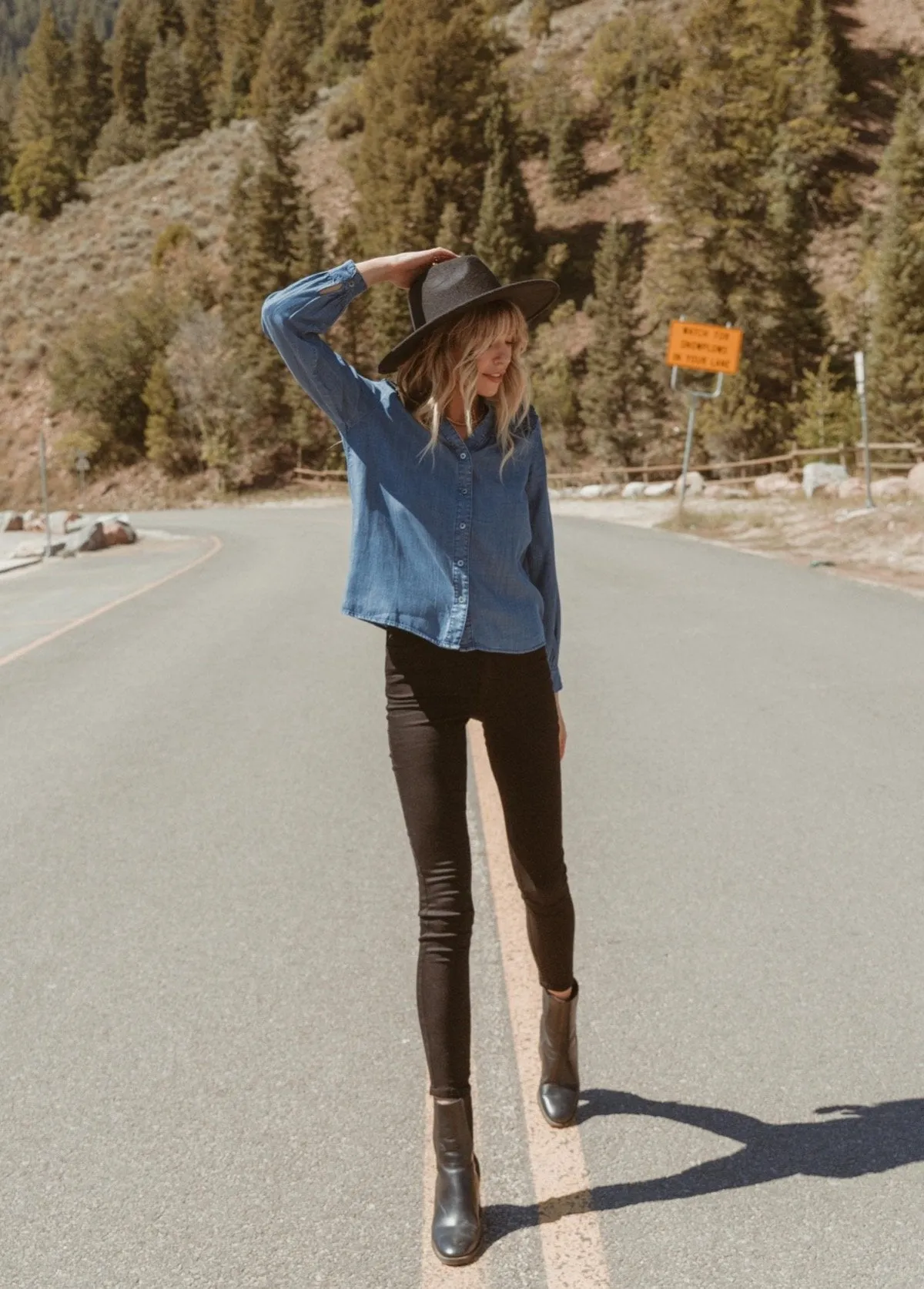 Chambray Button Down Ruffle Blouse