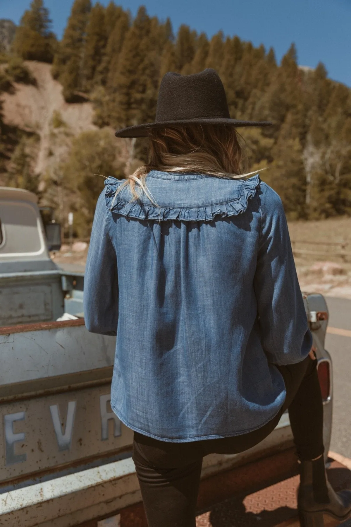 Chambray Button Down Ruffle Blouse