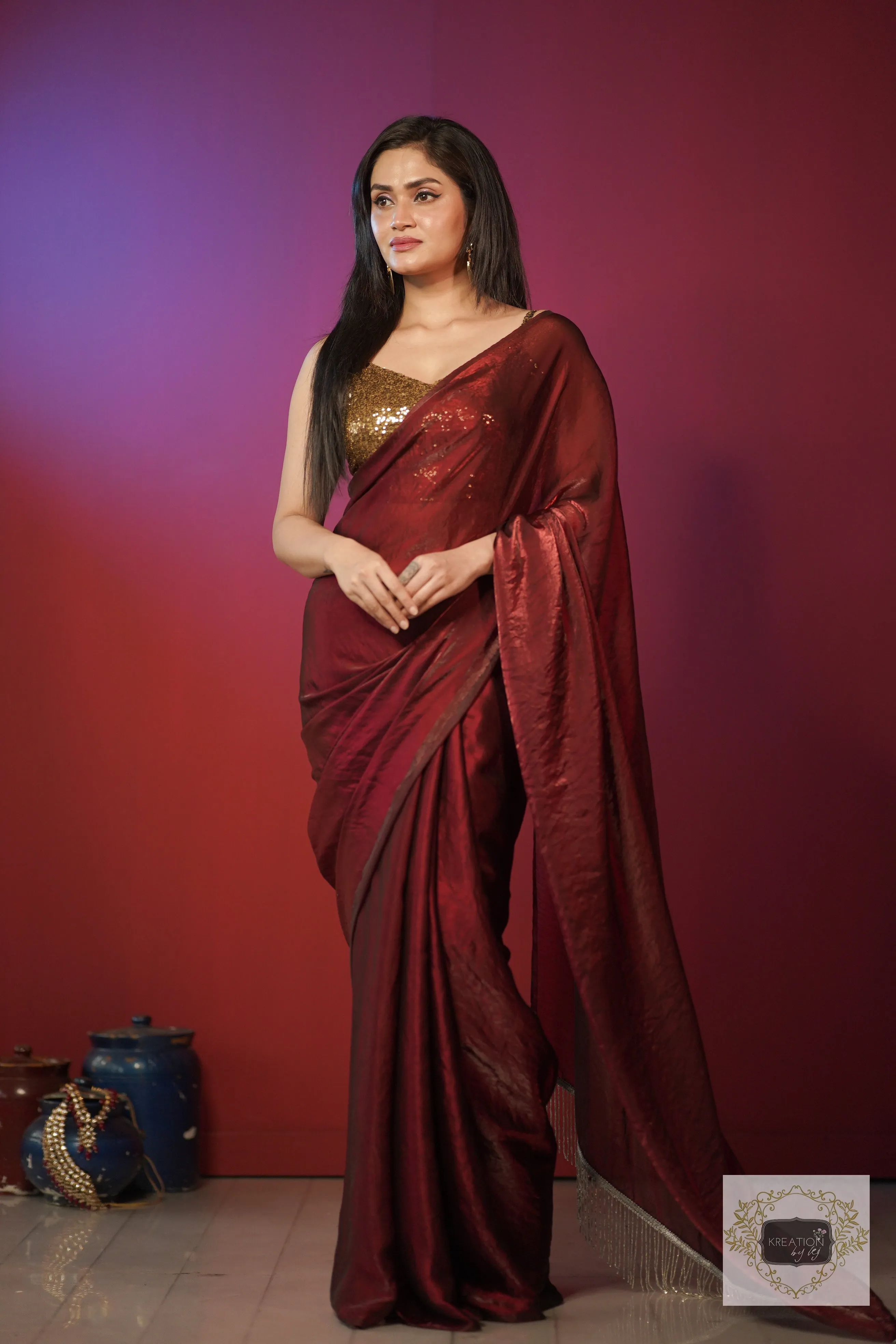 Cheery Wine Shimmer Satin Saree with Hand made Tassels on Pallu