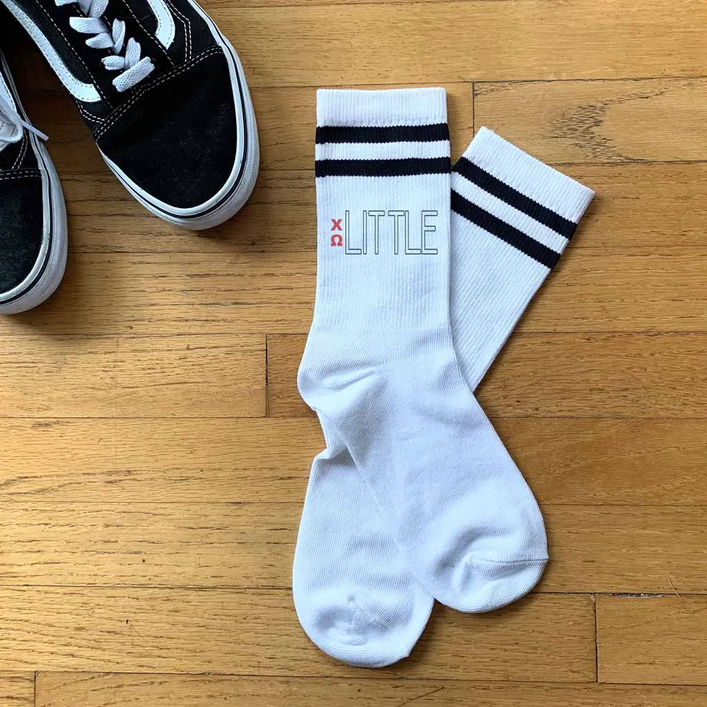 Chi Omega Sorority Socks for your Big and Little with Greek Letters on Striped Cotton Crew Socks