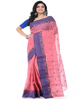 Coral pink dull blue handwoven cotton tangail saree