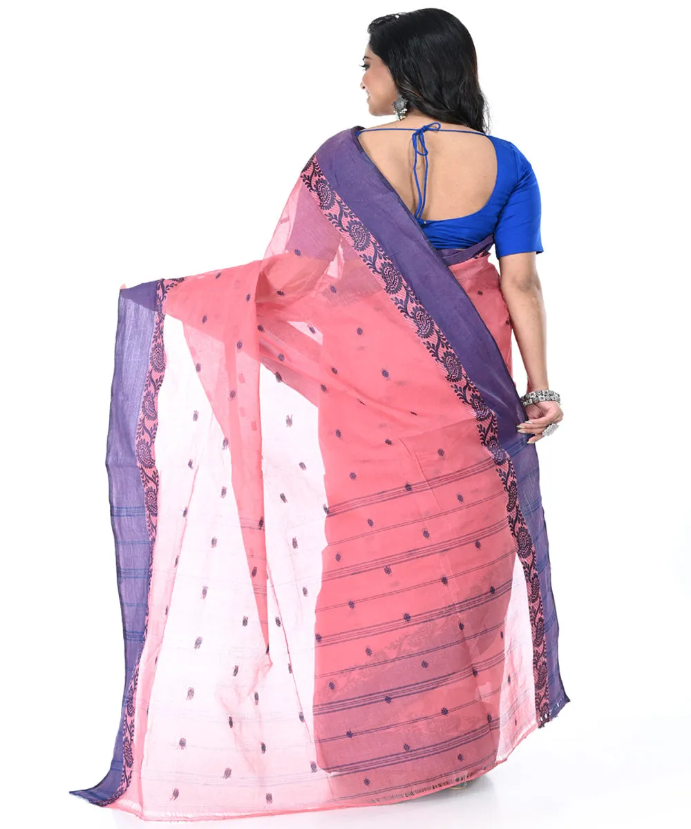 Coral pink dull blue handwoven cotton tangail saree