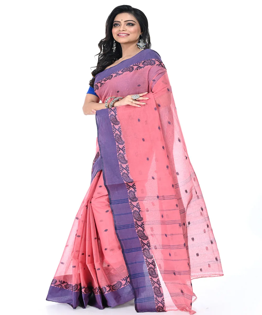 Coral pink dull blue handwoven cotton tangail saree