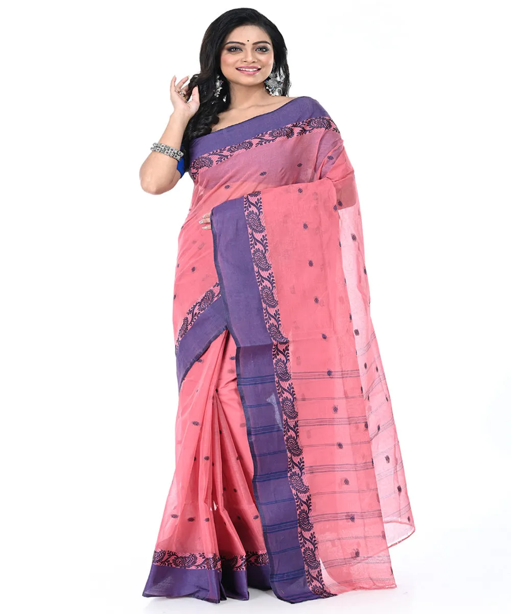 Coral pink dull blue handwoven cotton tangail saree