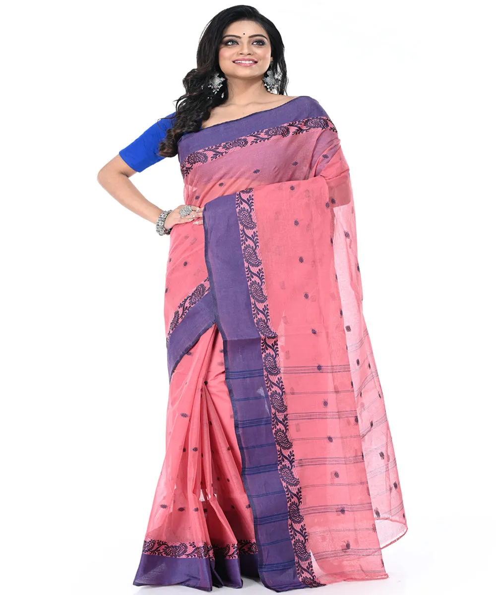 Coral pink dull blue handwoven cotton tangail saree