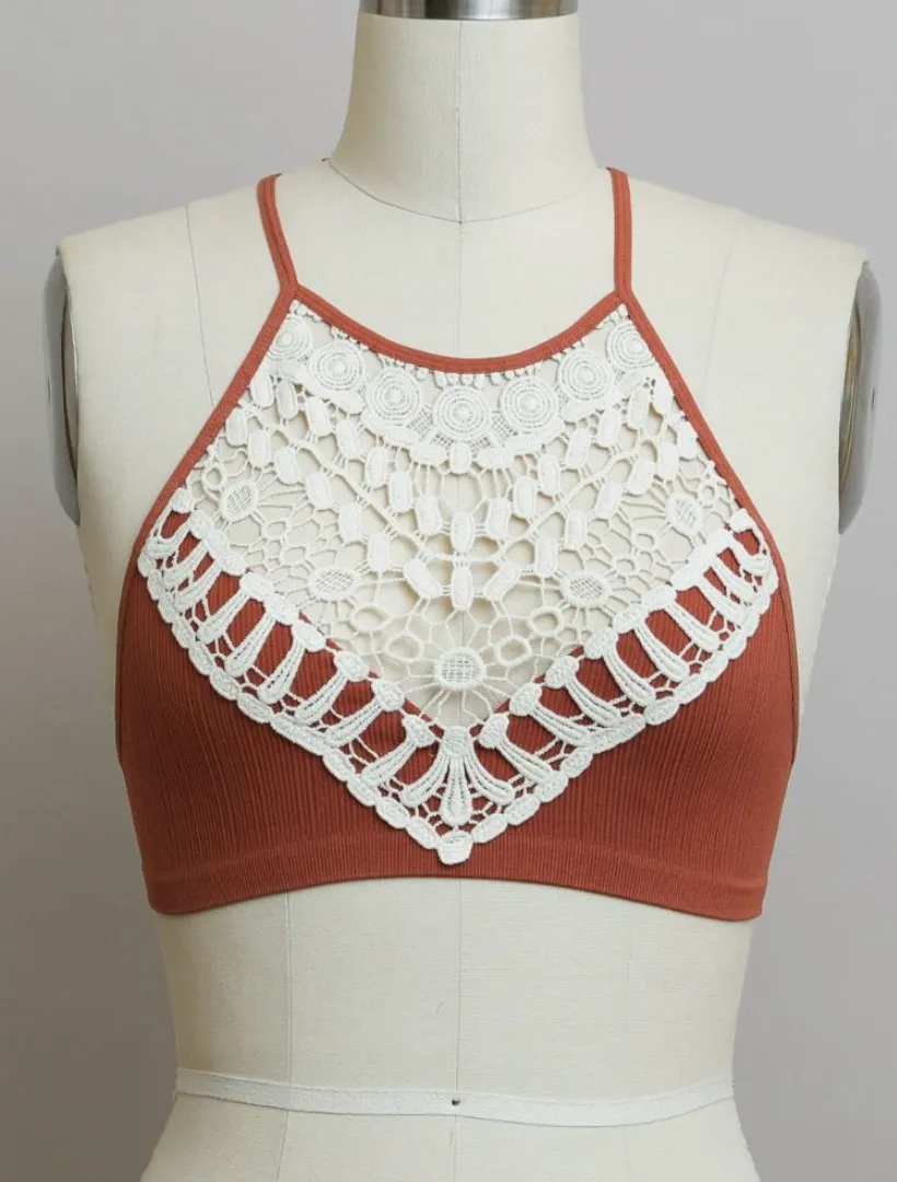 Crochet High Neck Bralette - Rust