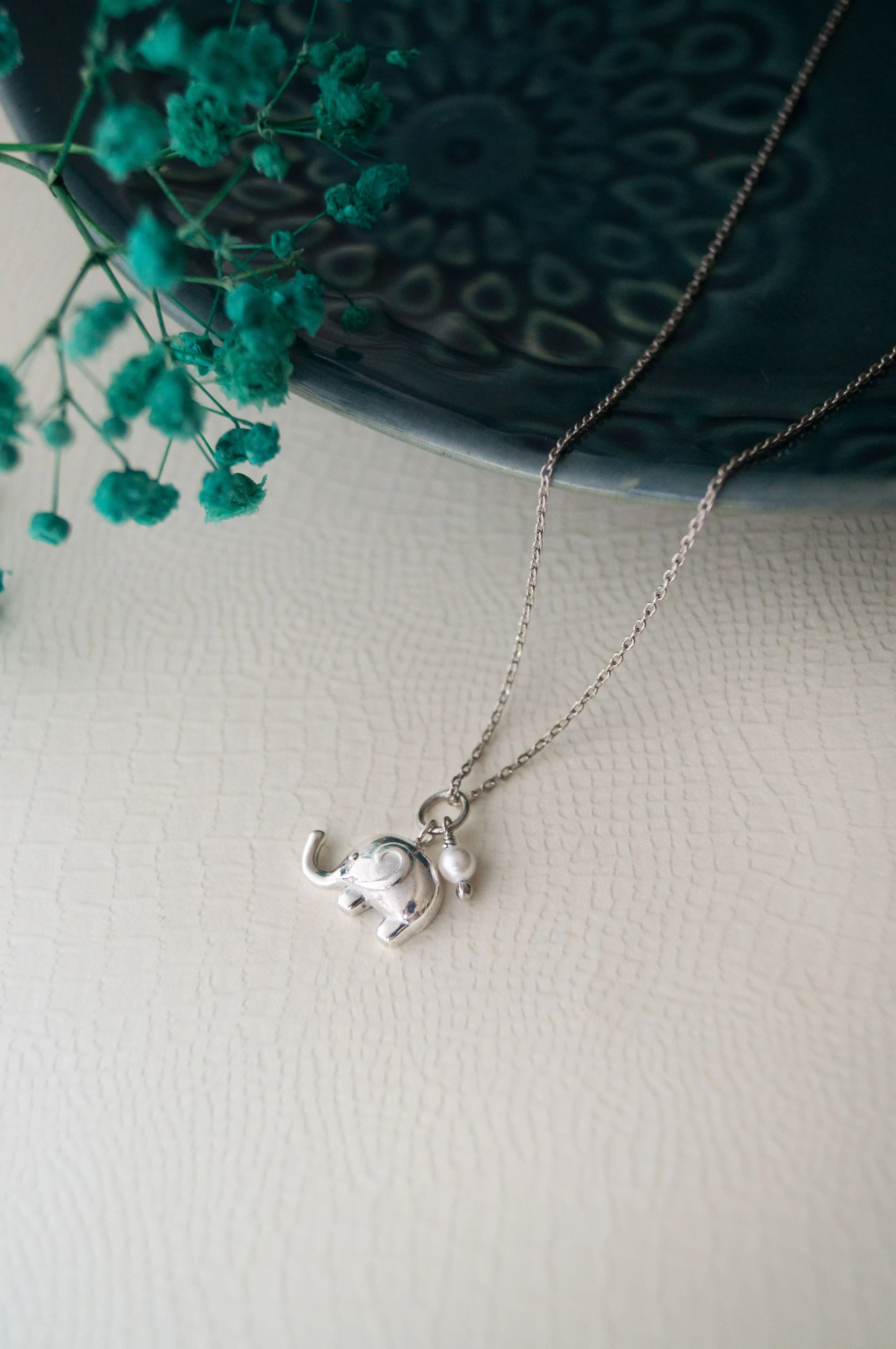 Cute Elephant With Pearl Sterling Silver Charm Pendant With Chain