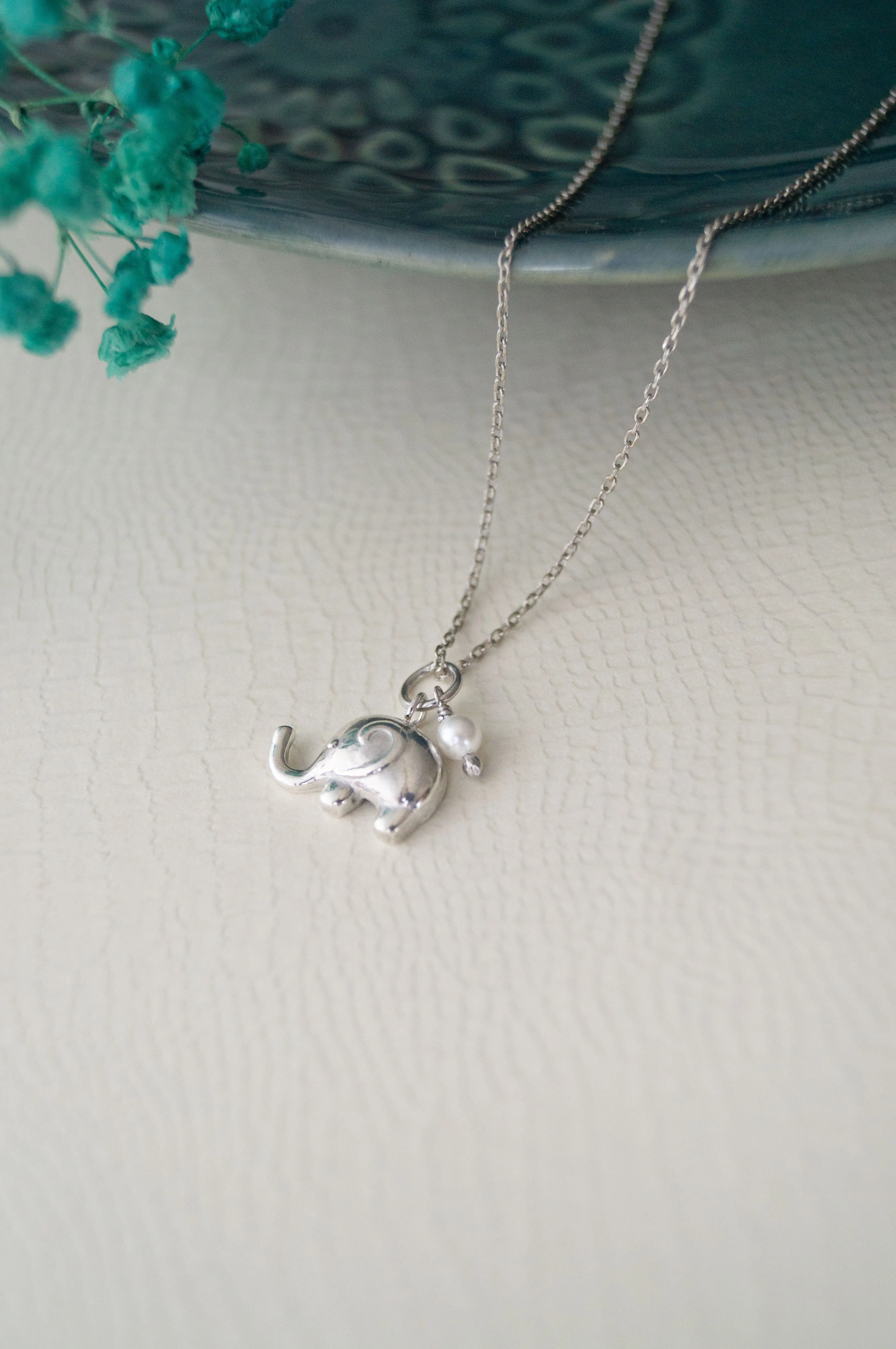 Cute Elephant With Pearl Sterling Silver Charm Pendant With Chain