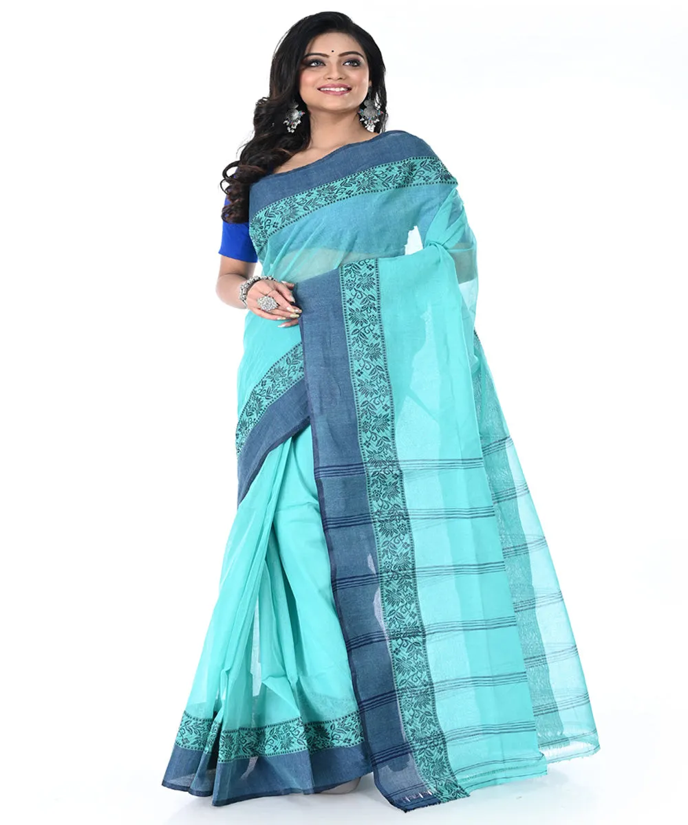 Cyan blue dull blue handwoven cotton tangail saree