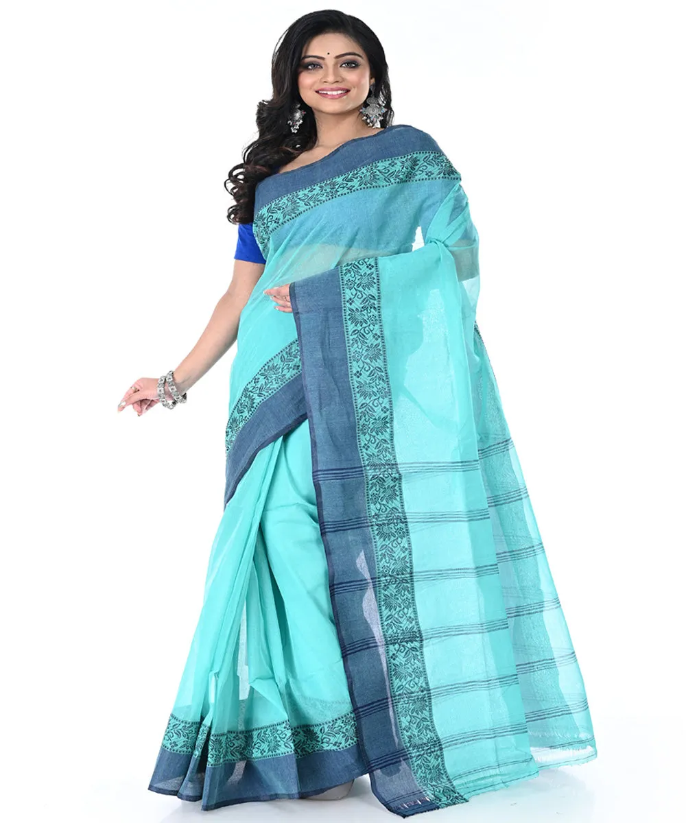 Cyan blue dull blue handwoven cotton tangail saree