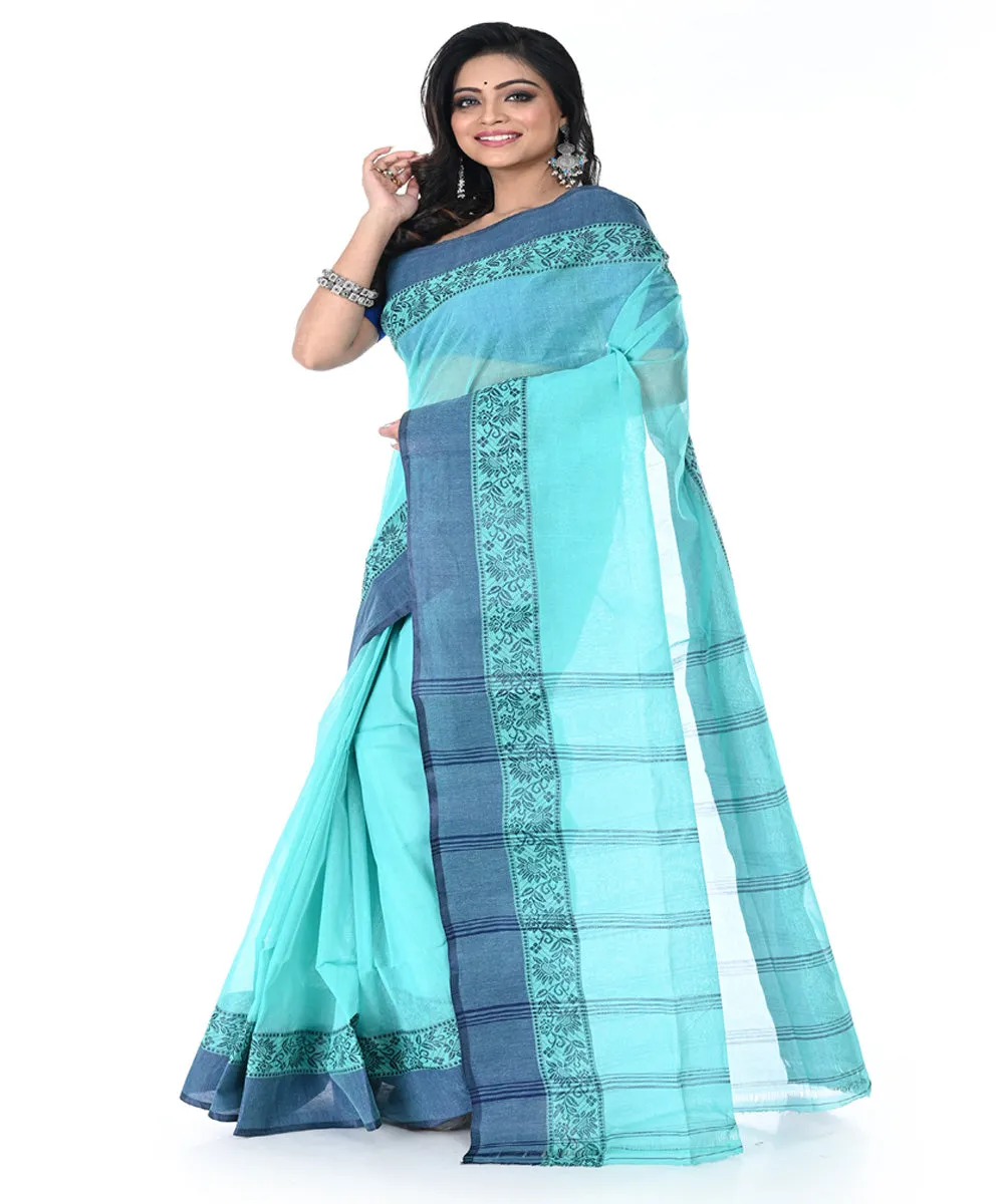 Cyan blue dull blue handwoven cotton tangail saree