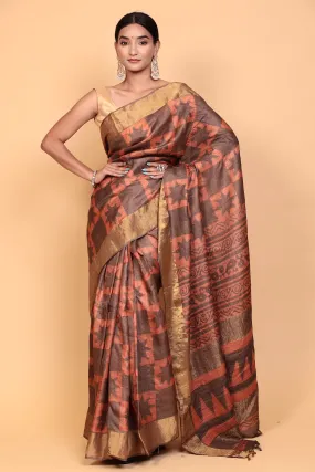 Dabu print Tussar silk Saree with Zari work.