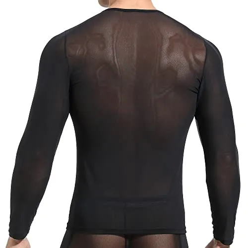 DHEWFU Men's Mesh Shirts See Through Long Sleeve Top Muscle Undershirt Clubwear Black