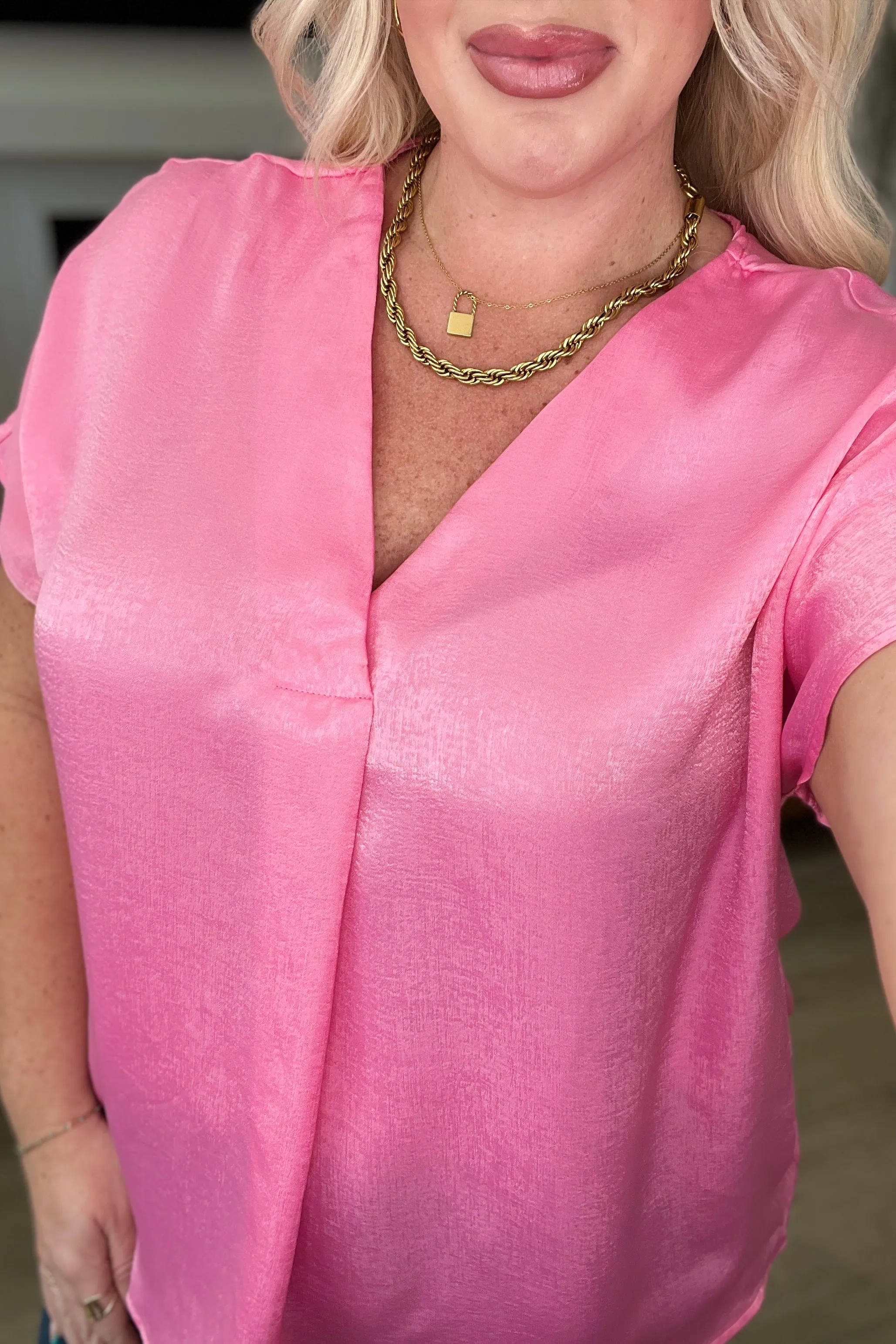 DOORBUSTER: Pleat Front V-Neck Top in Pink Cosmos (Ships in 1-2 Weeks)