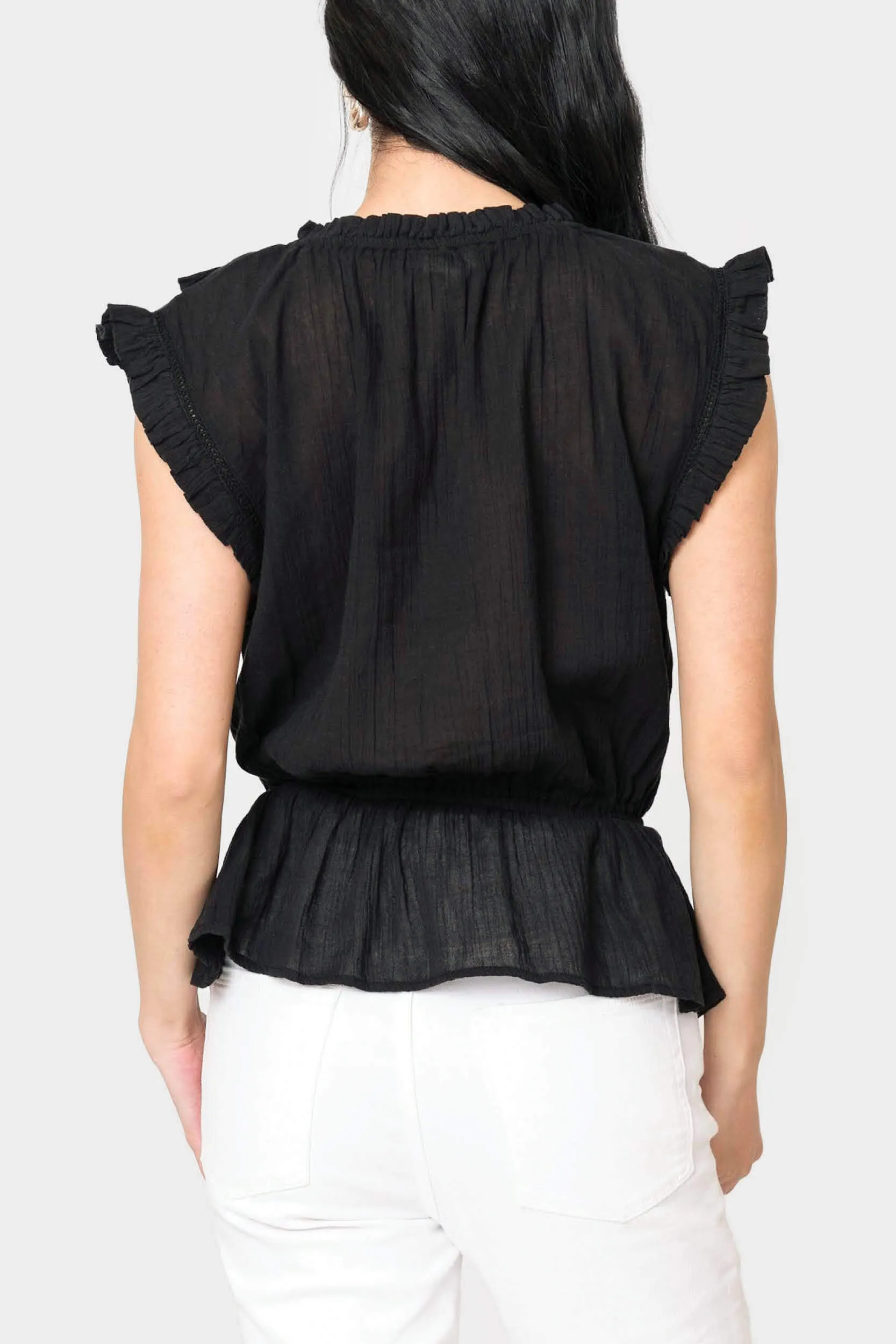 Elan Sleeveless Ruffle Trim Blouse