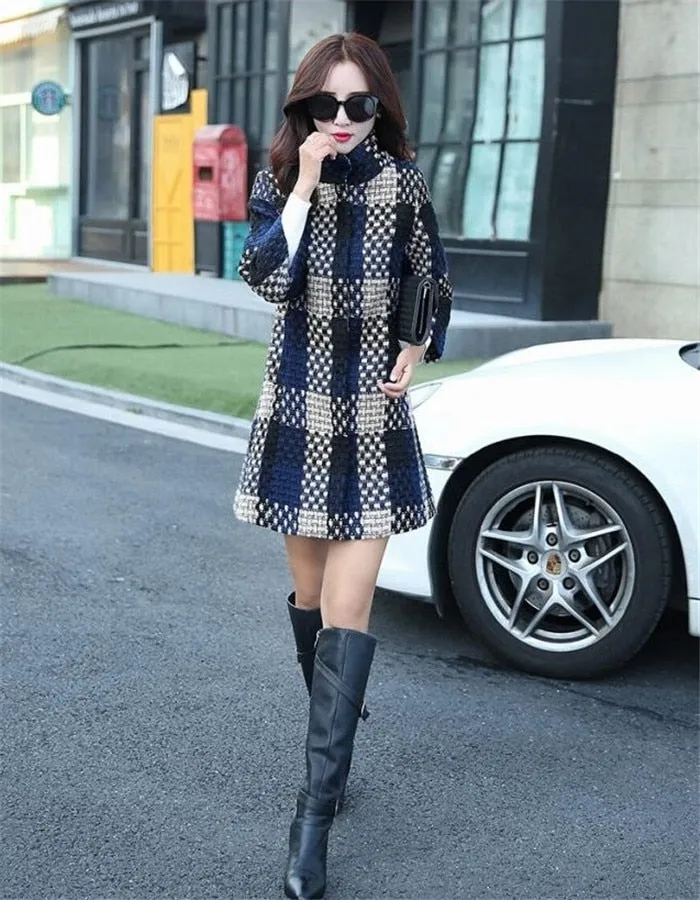 ELDORA Design Women's Fine Fashion Elegant Luxury Navy Blue Plaid Style Wool Coat Jacket