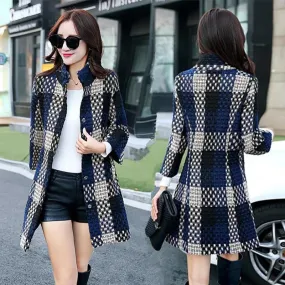 ELDORA Design Women's Fine Fashion Elegant Luxury Navy Blue Plaid Style Wool Coat Jacket