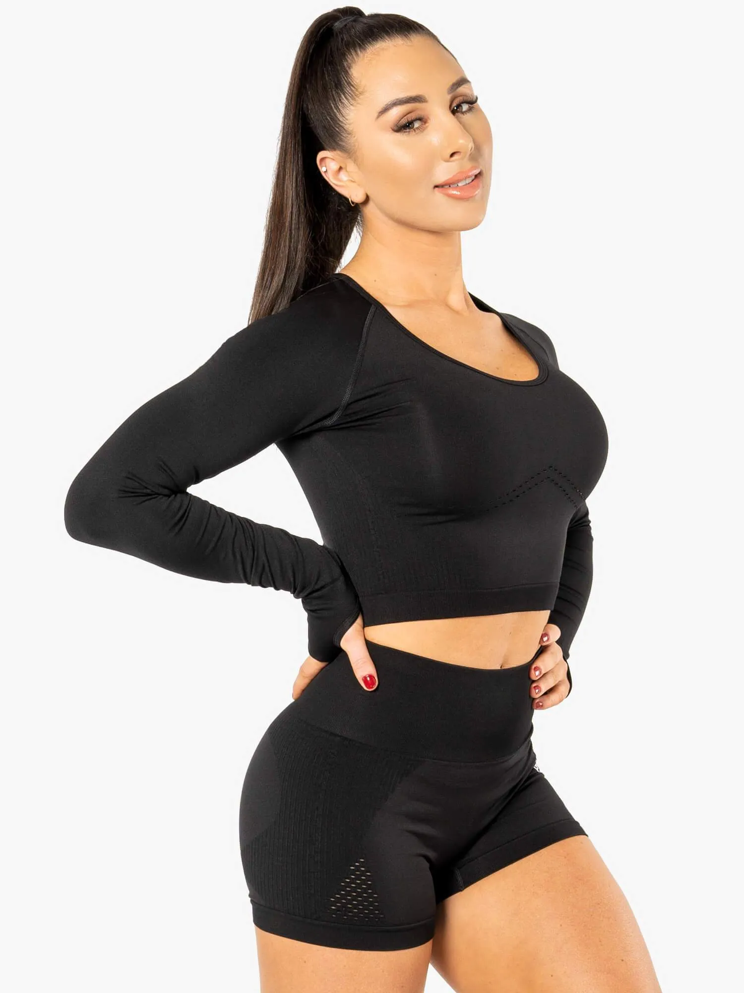 Electra Seamless Long Sleeve Crop Top - Black