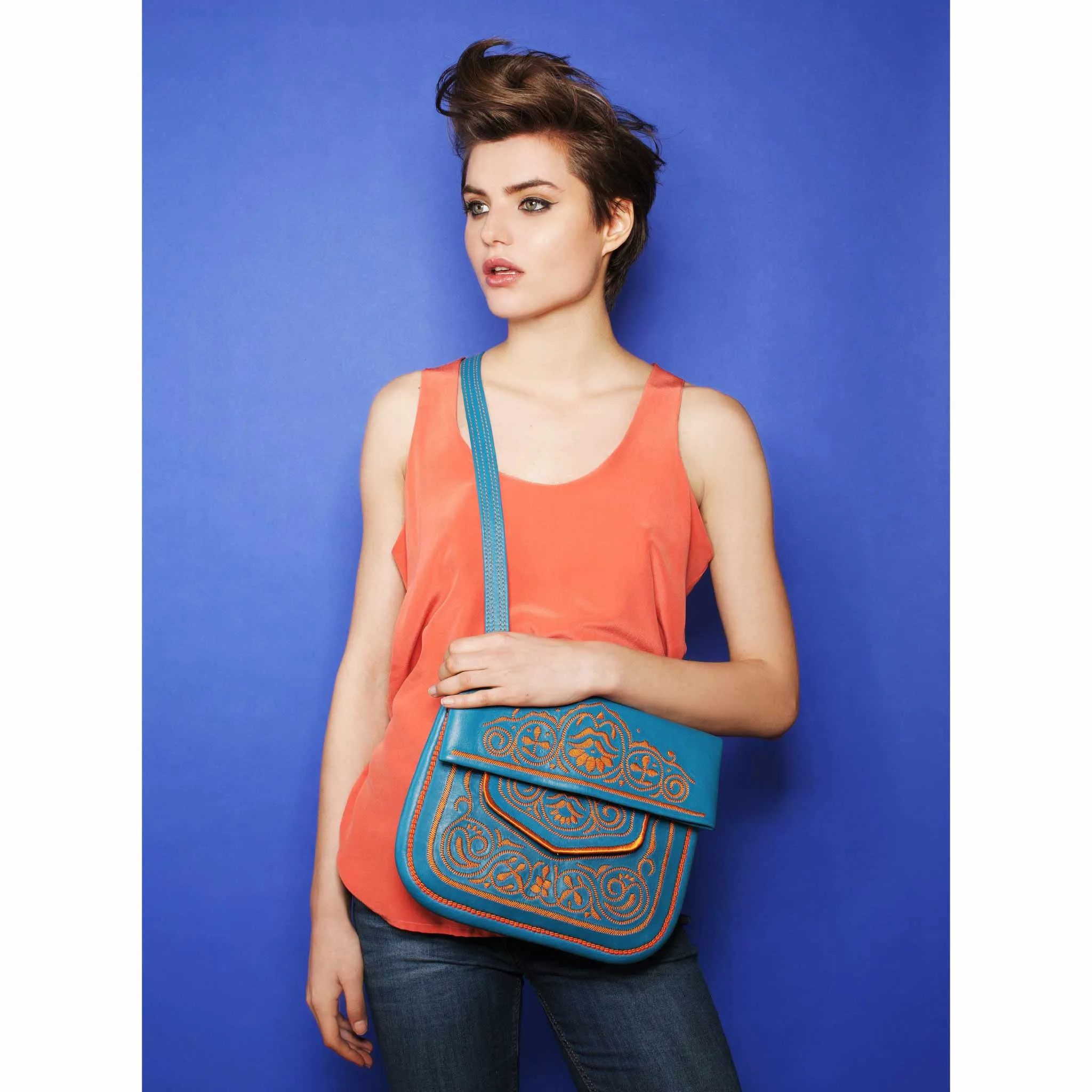 Embroidered Leather Berber Bag in Turquoise, Orange