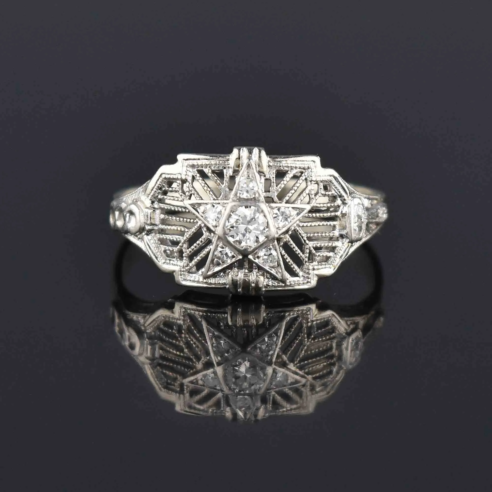 Estate 14K White Gold OES Diamond Star Ring, Sz 8.25