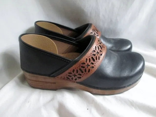 EUC Womens DANSKO Suede Leather Clogs Shoes Slip-On Mules BLACK 41 10.5 BROWN Cutout