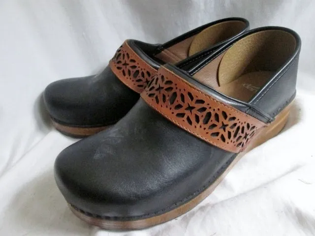 EUC Womens DANSKO Suede Leather Clogs Shoes Slip-On Mules BLACK 41 10.5 BROWN Cutout