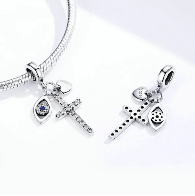 Evil Eye, Cross & Heart Triple Fringe Charm 925 Sterling Silver