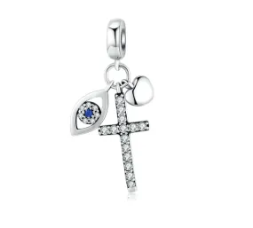 Evil Eye, Cross & Heart Triple Fringe Charm 925 Sterling Silver