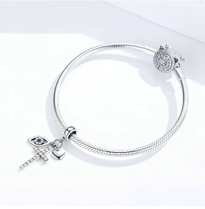 Evil Eye, Cross & Heart Triple Fringe Charm 925 Sterling Silver