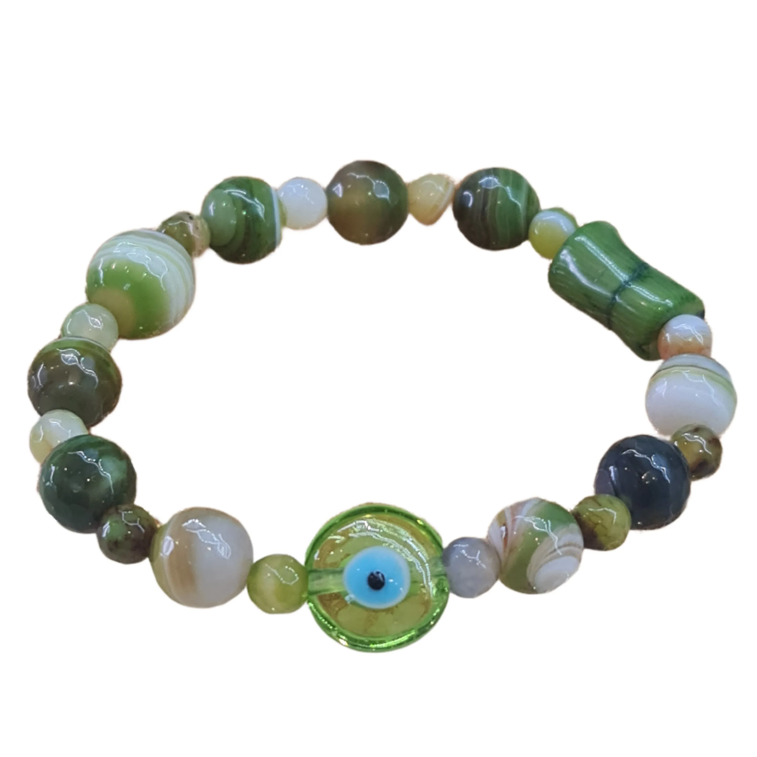 Evil Eye Green Agate, Bamboo Coral stone bracelet