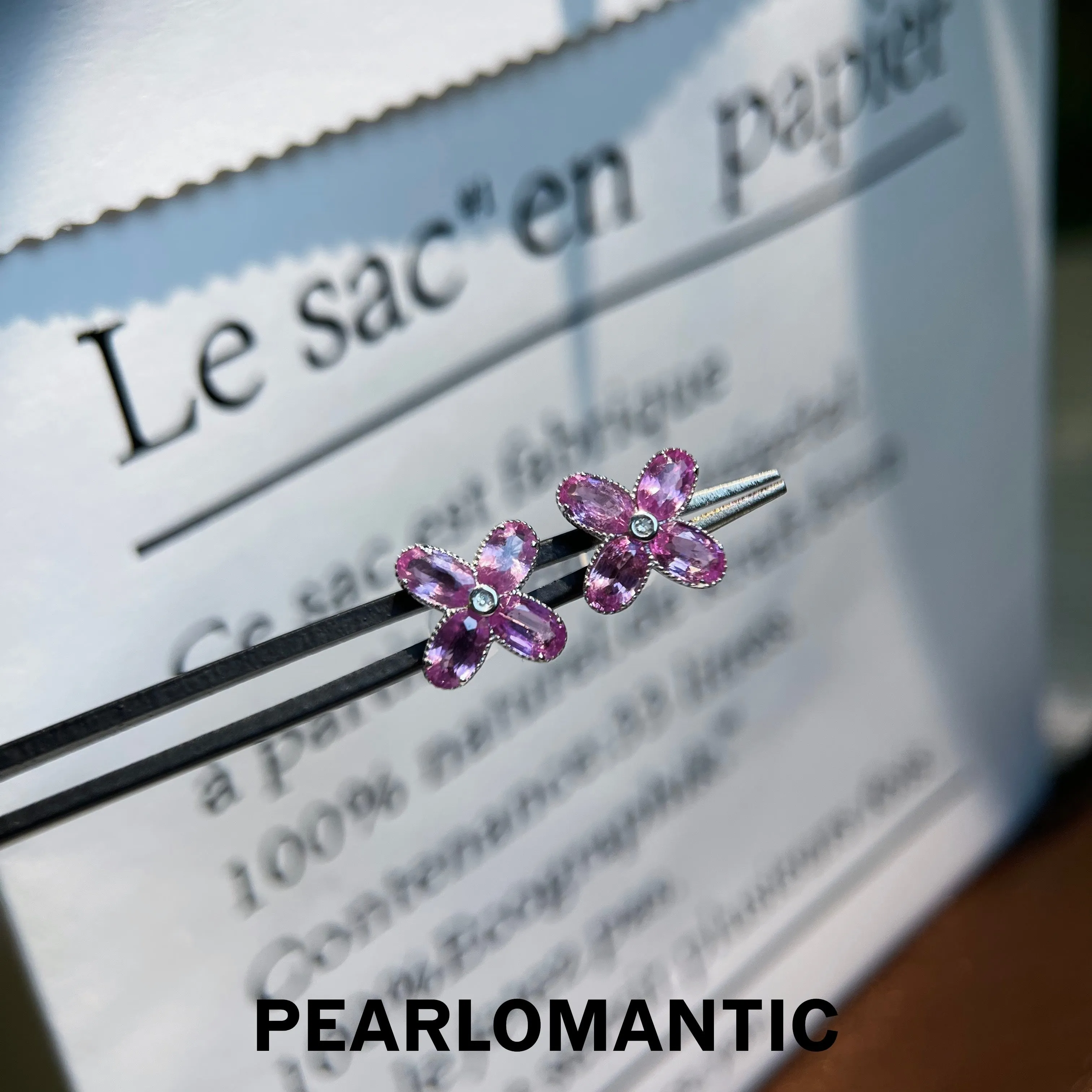 [Fine Jewelry] 18k Gold & Diamond & Natural Pink Sapphire 4-Leaf Lucky Design Earrings