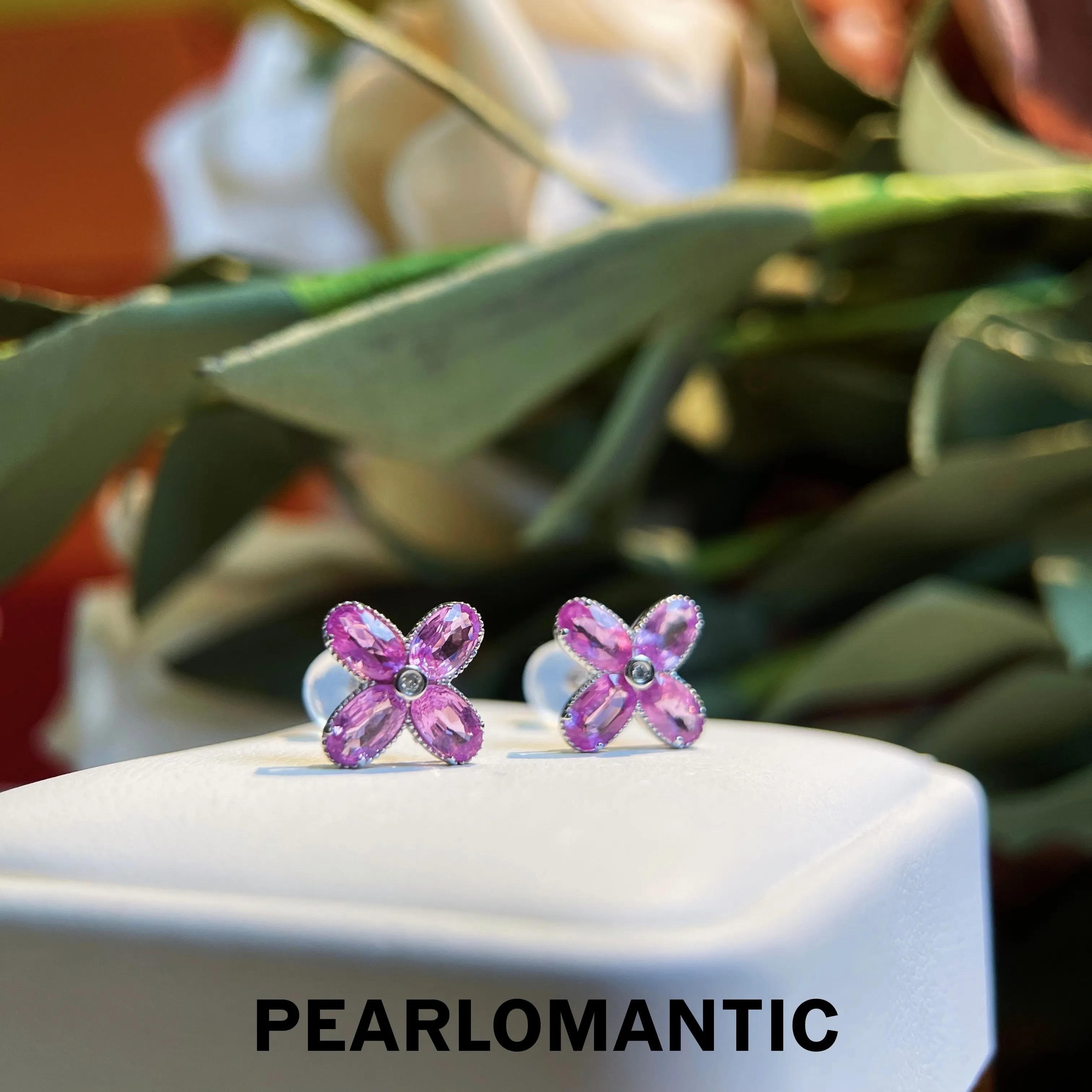 [Fine Jewelry] 18k Gold & Diamond & Natural Pink Sapphire 4-Leaf Lucky Design Earrings