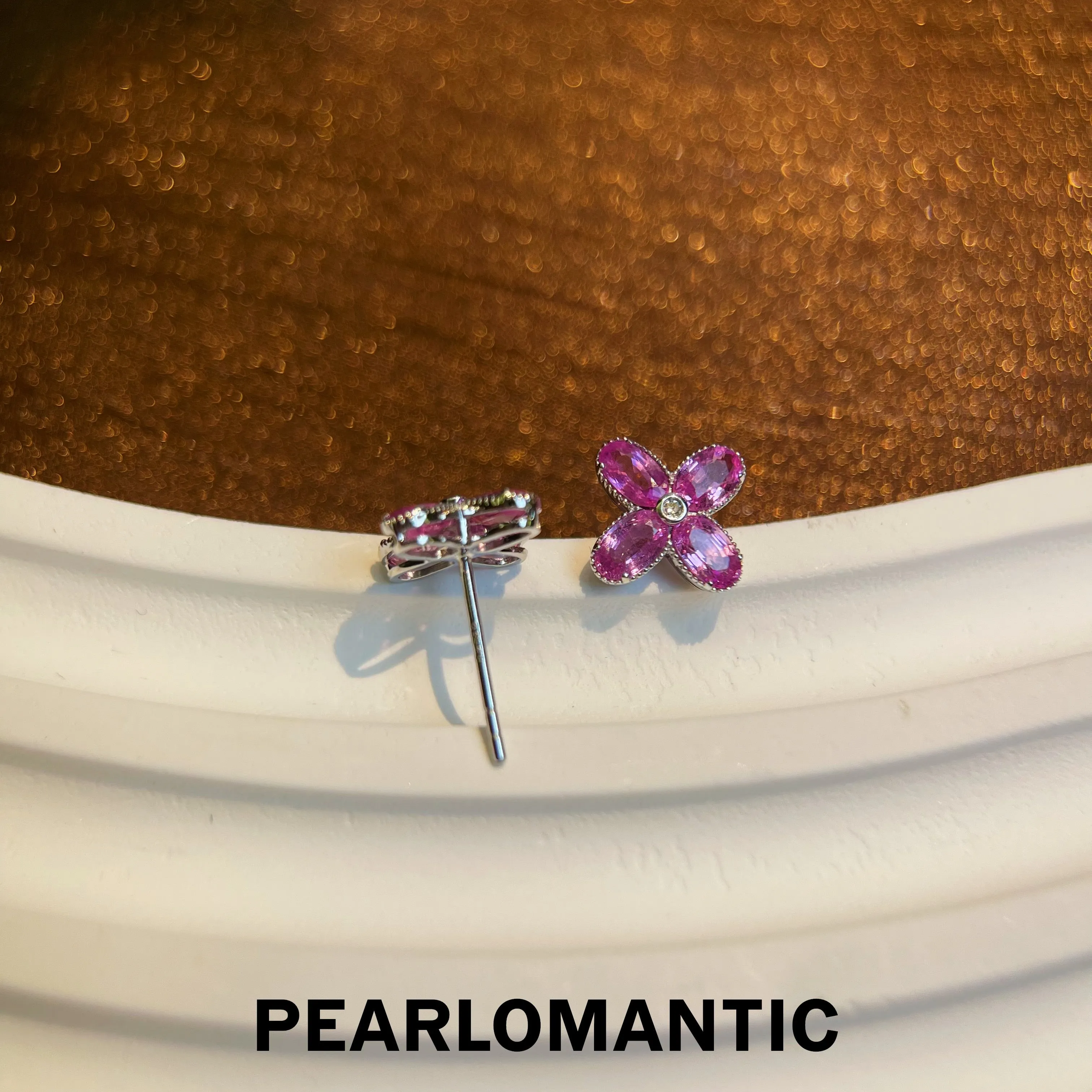 [Fine Jewelry] 18k Gold & Diamond & Natural Pink Sapphire 4-Leaf Lucky Design Earrings