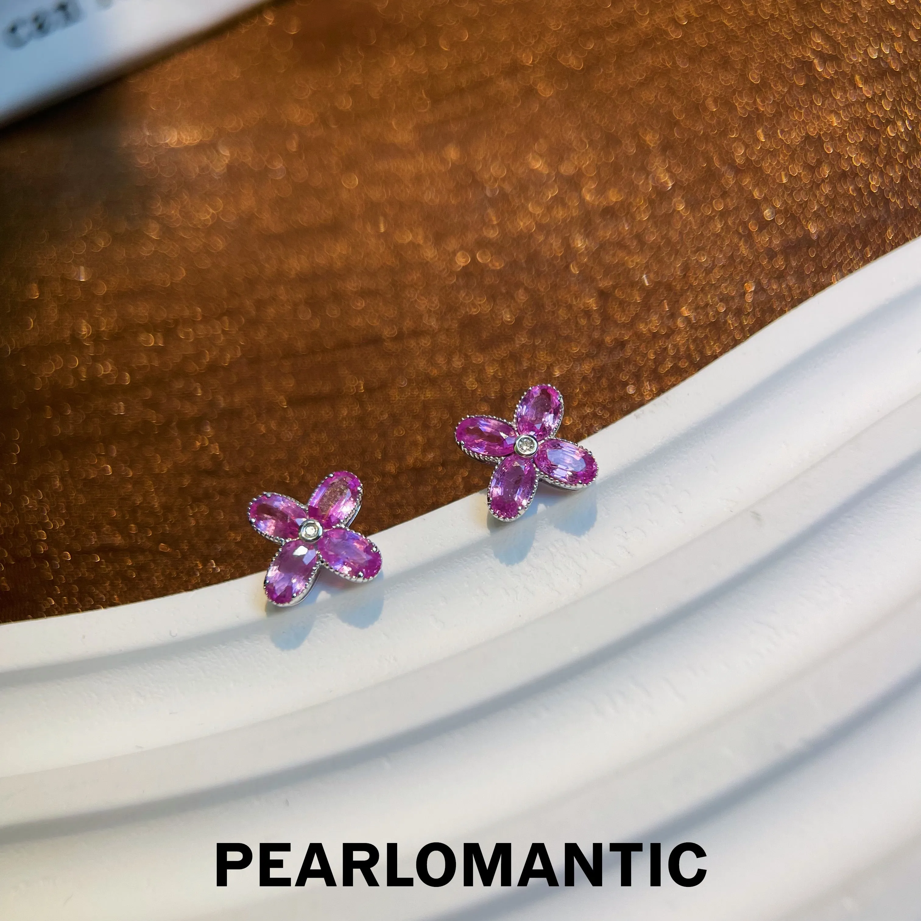 [Fine Jewelry] 18k Gold & Diamond & Natural Pink Sapphire 4-Leaf Lucky Design Earrings