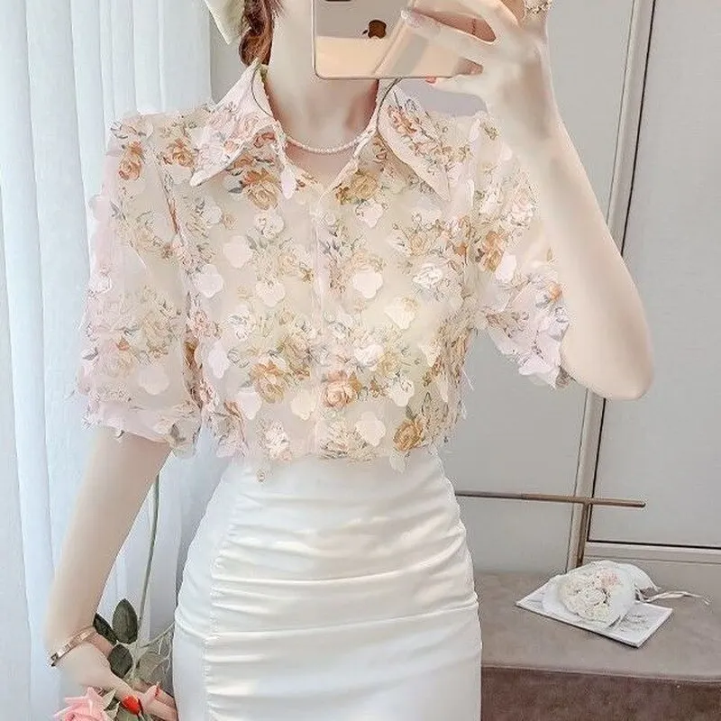 Floral Blouse With Three-Dimensional Decoration