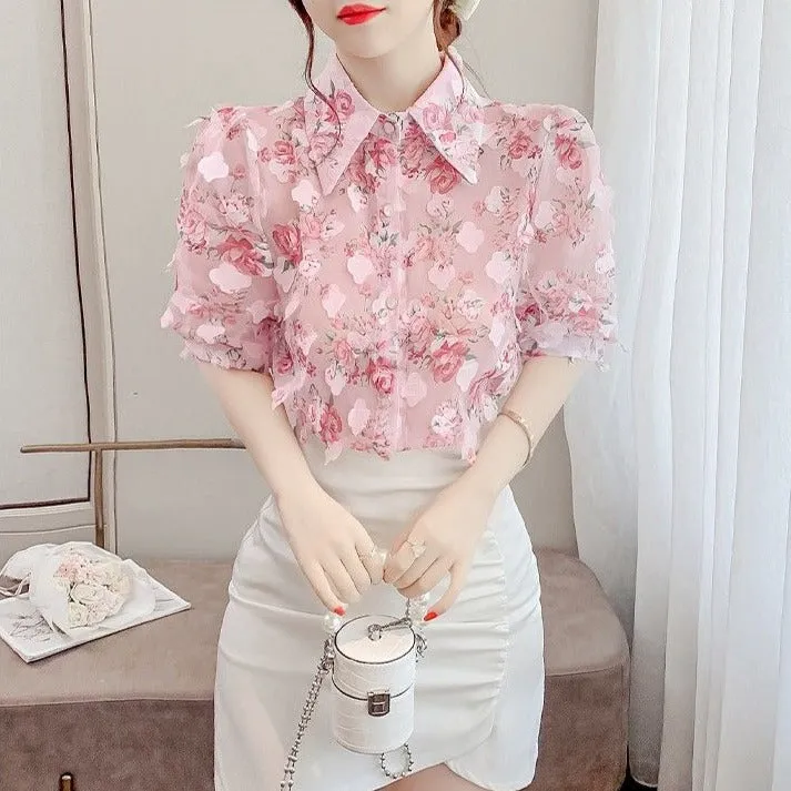 Floral Blouse With Three-Dimensional Decoration