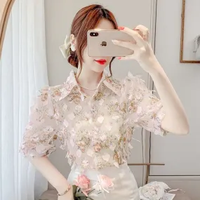 Floral Blouse With Three-Dimensional Decoration