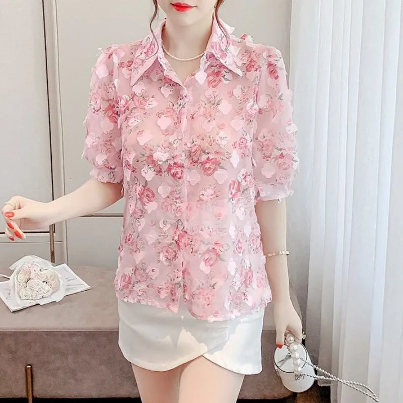 Floral Blouse With Three-Dimensional Decoration