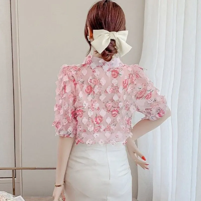 Floral Blouse With Three-Dimensional Decoration