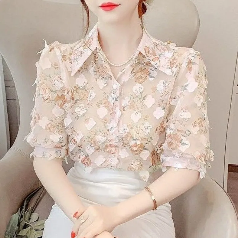 Floral Blouse With Three-Dimensional Decoration