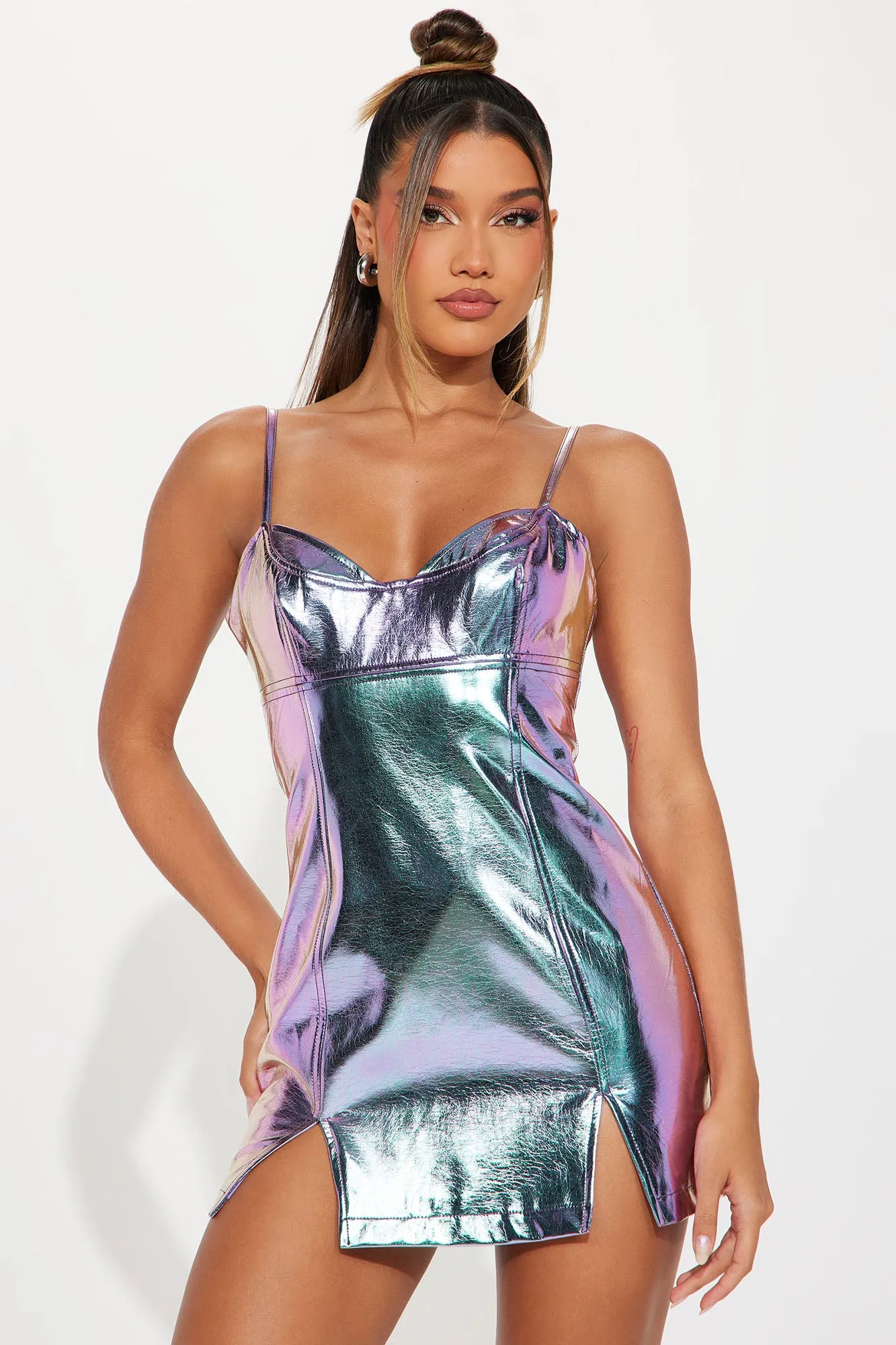 Galactic Glam Faux Leather Micro Mini Dress - Purple/combo